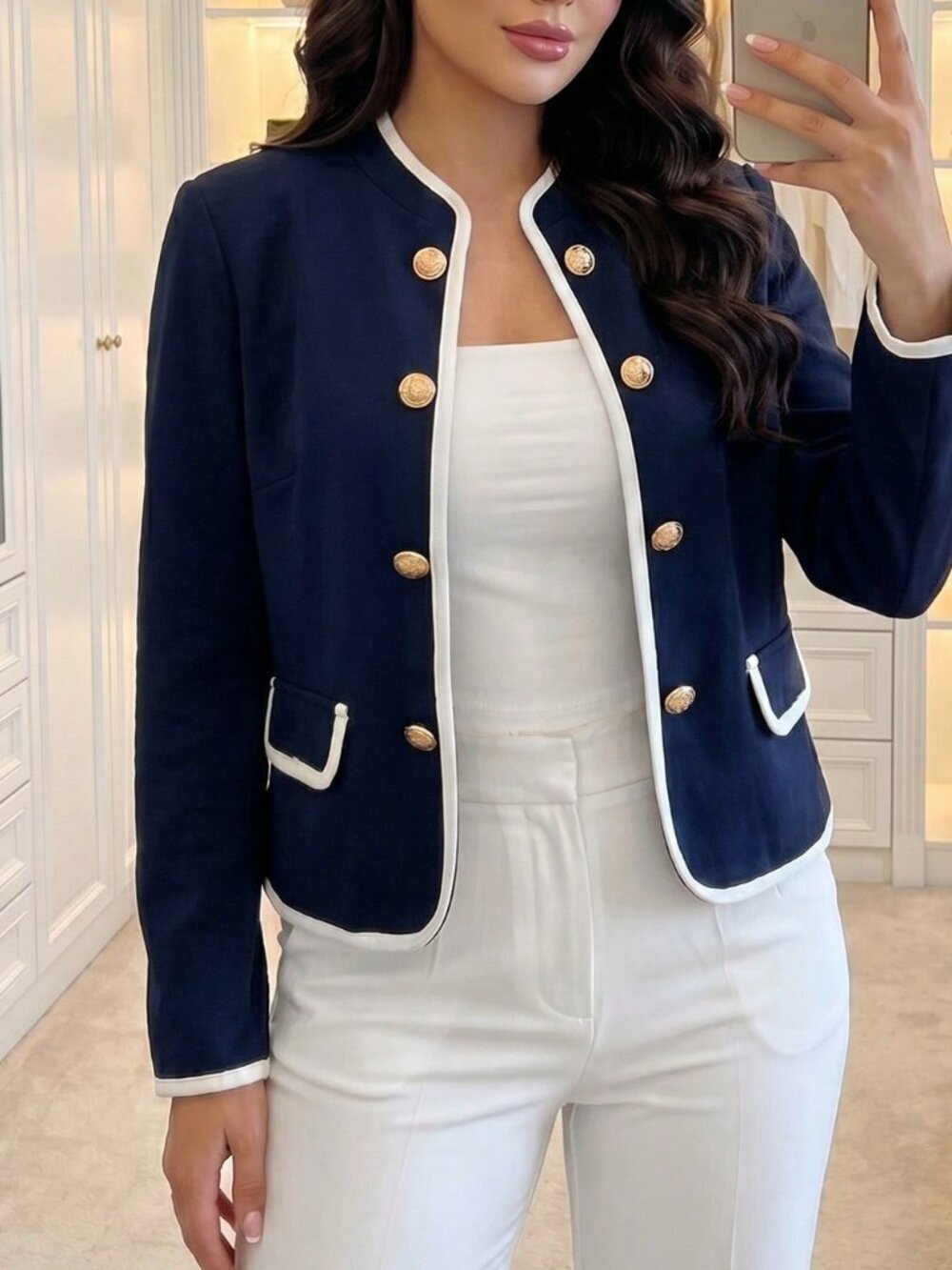 Navy Blue Elegant Women's Plus Size Lapel Long Sleeve Double-Breasted Jacket